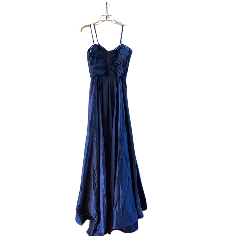 La Femme Navy Blue Strapless Slit Satin Ballgown